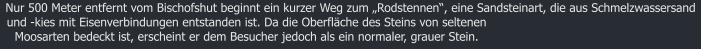 Nur 500 Meter entfernt vom Bischofshut beginnt ein kurzer Weg zum Rodstennen, eine Sandsteinart, die aus Schmelzwassersand und -kies mit Eisenverbindungen entstanden ist. Da die Oberflche des Steins von seltenen Moosarten bedeckt ist, erscheint er dem Besucher jedoch als ein normaler, grauer Stein.